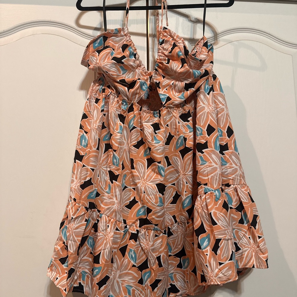 SHEIN Orange and Teal Backless Floral Dress